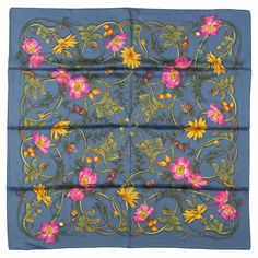 Gucci "Flowerwebby" scarf made from 100% silk. Features bright colorful flowers, insects and vines. Comes with no box, however, comes with original tag. Scarf Making, Blue Silk Scarf, Silk Handkerchief, Gucci Floral, Gucci Scarf, Floral Silk Scarf, Vintage Silk Scarf, Silk Shawl, Blue Scarf