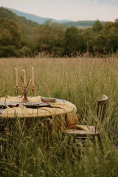 an outdoor table set with candles and plates in tall grass