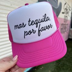 Get ready to fiesta with our Mas Tequila Trucker Hat! This must-have accessory features a bold and playful design that is sure to turn heads. Made with quality materials, this hat is the perfect way to show off your love for tequila. Order yours now and add some fun to any outfit! Snap back Trucker Otto Snackback color: hot pink Ships in 10 business days or sooner Fun Summer Party Trucker Hat, Novelty Trucker Hat For Party, Summer Hats For Bachelorette Party, 40th Fiesta, Cricket Joy Projects Craft Ideas, Cricket Joy, Outfit Snap, Momma Shirts, Bachelorette Ideas