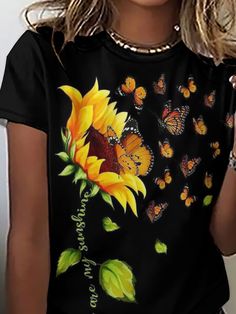 Female Clothing, Short Sleeve Pattern, Sunflower Print, Floral Theme, Animal Tshirt, Pullover Designs, Women's T Shirts, Butterfly Print, Floral Shirt