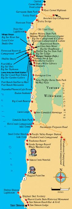 a map of the california coast with many places to see and where they are located