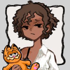 a drawing of a woman holding a cat in her hand and looking at the camera