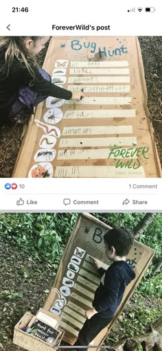 two photos one with a young boy and the other with an old box that has been made into a sign