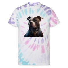 a t - shirt with a photo of a pit bull dog on it's chest