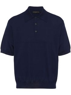 midnight blue cotton logo patch to the rear polo collar front button placket drop shoulder short sleeves ribbed cuffs and hem Luxury Collared Polo Sweater, Classic Navy Polo Shirt With Johnny Collar, Navy Short Sleeve Tops With Ribbed Collar, Navy Short Sleeve Top With Ribbed Collar, Classic Polo Collar T-shirt With Button-up, Classic Polo Collar T-shirt With Button Closure, Blue Polo Collar Top With Placket, Blue Cotton Polo Sweater For Work, Blue Cotton Polo Sweater For Workwear