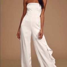 White Jumpsuit, Zipper Back. Spring Wedding Fitted Strapless Jumpsuit, Spring Wedding Strapless Fitted Jumpsuit, White Strapless Jumpsuit For Wedding, White Strapless Jumpsuit For Spring Evenings, White Strapless Jumpsuit For Spring Date Night, White Strapless Jumpsuit For Evening And Spring, White Strapless Jumpsuit For Summer Wedding, Elegant White Fitted Strapless Jumpsuit, White Jumpsuit