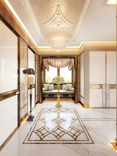 a room with white walls and marble floors