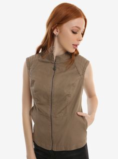 Dress like a Jakku scavenger with this cosplay jacket from  Star Wars: The Last Jedi.  It's designed to look like Rey's vest, with the quilted shoulder detail, removable zipper sleeves, and fitted waist. A front zipper closure with hematite Rebel symbol zipper pull is the only obvious reference to the newest installment of the  Star Wars  saga. Star Wars Starfighter, Star Wars Jacket, Star Wars Merch, Star Wars The Last Jedi, Star Wars Fashion, The Last Jedi, Star Wars Outfits, Rey Star Wars, Star Wars Women