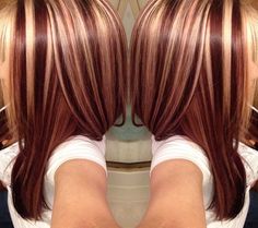 Berry Hair Color With Highlights, Highlights Brown Hair Spring, Tri Color Hair Highlights, Multi Color Highlights, Blonde And Red Highlights On Brown Hair, Burgundy Blonde Balayage, New Hair Color Ideas, Tricolor Hair, Burgundy Hair With Blonde Highlights