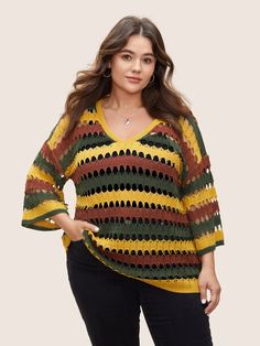 Shop Deep V Neck Cut Out Stripes Contrast Pullover at BloomChic. Plus Size Clothing & Plus Size Pullovers. BloomChic is a digital-first fashion and lifestyle destination for modern women sizes 10-30. Contrast Texture, Womens Trendy Tops, Clothing Plus Size, Modern Women, Trendy Tops, Summer Colors, Deep V, Deep V Neck, Fashion And Lifestyle