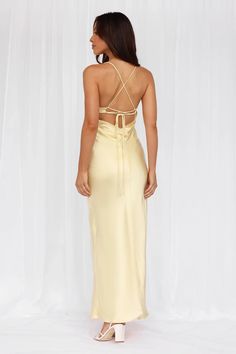 Length from top of bust to hem of size S: 132cm.  Chest: 36cm, Waist: 32cm, across front only of size S.  Maxi dress.  Lined.  Model is a standard XS and is wearing size XS.  True to size.  Non-stretch.  Luxurious satin.  Scoop neckline.  V-back.  Crisscross tie-up back.  Vent extension.  Straight, flowy silhouette.  Zipper with hook eye closure.   Cold hand wash only.  Polyester.   This material is very delicate. Please handle with care.    For lovers of contemporary style! Featuring a chic scoop neckline, a V-back design and a crisscross tie-up back detail that gives a modern and playful feel, ensuring a stunning silhouette from every angle. Perfect for adding a touch of sophistication to any bridal party, this dress promises to dazzle and delight with its elegant style. Slim Dress, Sequin Prom Dresses, Prom Dress Shopping, Pink Prom Dresses, Green Prom Dress, Satin Prom Dress, Ball Gowns Prom, Satin Maxi, Dress Yellow