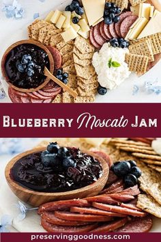 blueberry mustard and crackers are served on a white plate