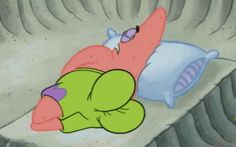 a cartoon character laying on top of a bed next to a pillow and pillows in the air