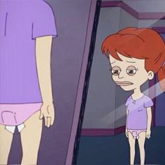 a cartoon girl with red hair standing next to a man in purple shirt and shorts