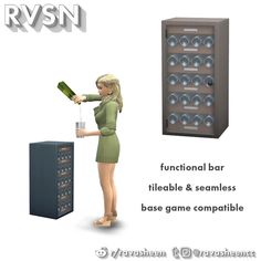 a woman standing next to a wine cooler and holding a glass in her hand with the caption, functional bar tileable & seams base game compatible