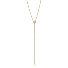 The peek a boo chain hangs low for just the right amount of flirty feel. Wear with a low cut top or over a white tee. 14k Yellow Gold Length: 22" Lariat: 4" Chic Round Necklace With Adjustable Fit, Minimalist Lariat Backdrop Necklace With Clavicle Chain, Chic Adjustable Pendant Necklace, Dainty Lariat Drop Necklace With Adjustable Length, Dainty Lariat Drop Necklace With Delicate Chain, Dainty Lariat Drop Necklace With Clavicle Chain, Chic Gold Lariat Long Necklace, Classic Adjustable Choker Jewelry, Chic Formal Lariat Necklace