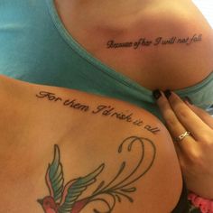 two women with tattoos on their stomachs saying, because they will not fall asleep