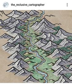 a drawing of a river running between mountains