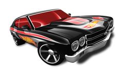 a black and red car with flames painted on it's hood is shown in front of a white background