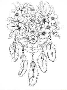 a drawing of a dream catcher with flowers and feathers