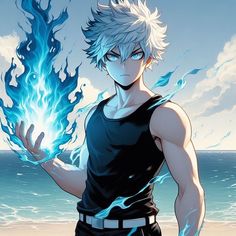 an anime character holding a blue flame in his hand