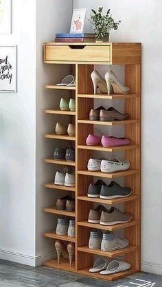 a wooden shoe rack filled with lots of shoes