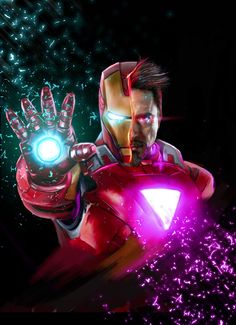 an iron man with glowing hands in front of a black background and purple light coming out of his chest