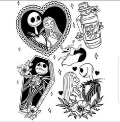 the skeleton couple tattoo design is shown in black and white