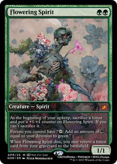 a card with an image of a skeleton holding flowers in it's hands and the words, flowering spirit