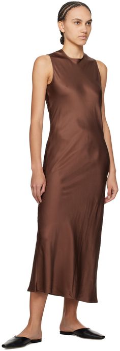 ECOVERO™ viscose sateen dress. EU Ecolabel-, FSC-, and PEFC-certified. · Crewneck · Button fastening at back collar · Keyhole cutout at back · Unlined Supplier color: Dark brown Sateen Dress, Dark Brown, The Dress, Women Wear, Maxi Dress, Crew Neck, Collar, Dresses, Color