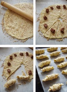 four pictures show the process of making pizza dough with meat and cheese on top, then cut into smaller pieces