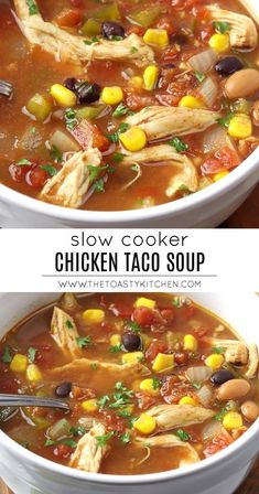 two bowls of slow cooker chicken taco soup with corn and black olives