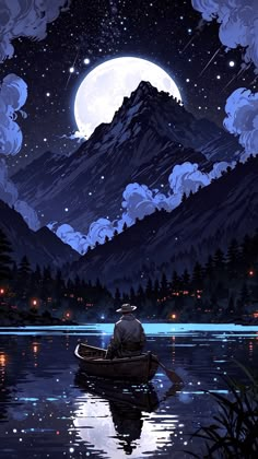 a man sitting in a boat on top of a lake under a moon filled sky