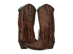 Corral Boots C3765 - Women's Shoes : Chocolate : Stand apart wearing the Corral C3765 boots that feature fringe detail on the shaft and an allover design with small accents. Leather crafted upper, lining, and insole. Pull-on style. Snip toe. Western heel. Pull tabs on the side of the collar. Leather sole. Imported. Weight of footwear is based on a single item, not a pair. Measurements: Heel Height: 2 3 4 in Weight: 1 lb 12 oz Circumference: 16 1 2 in Shaft: 13 3 4 in Product measurements were ta Fall Fringe Boots With Snip Toe, Western Boots With Tassels And Round Toe, Brown Western Boots With Tassels, Leather Fringe Boots For Fall, Fall Fringe Fitted Boots, Fringe Fitted Boots For Fall, Fitted Fringe Boots For Fall, Leather Fringe Boots For Rodeo, Western Boots With Tassels For Fall