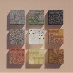 a group of different colored brick tiles arranged in rows on a beige background with shadows