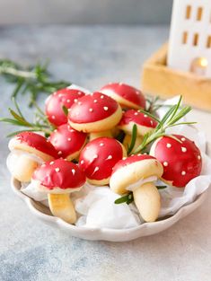 small red and white mushrooms in a bowl