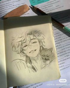 an open book with a drawing of a girl and a cat on it