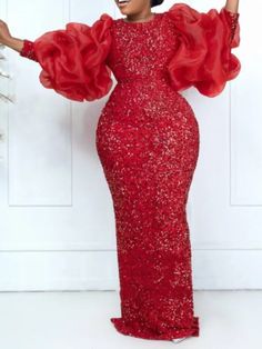 Women Sequin Floor Length Dress Puffy Ruched Long Sleeve Crew Neck Sparkly Glitter Velvet Formal Party Evening Gowns-FrenzyAfricanFashion.com Red Black Dress, African Maxi Dresses, Red Dress Women, Floor Length Dress, Women's Evening Dresses, Floor Length Dresses, Formal Party, Maxi Dress With Sleeves, Velvet Dress