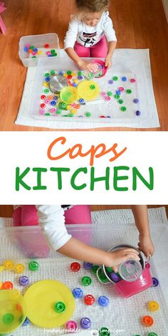 kids playing with caps in the kitchen and on the floor, while one child is pouring colored buttons into a bowl