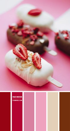 the color palette is pink, brown and white with chocolate covered donuts on top