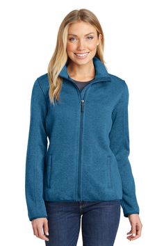 Port Authority ® Ladies Sweater Fleece Jacket. L232 - MEDIUM BLUE HEATHER - S | Port Authority Women's Sweater Fleece Jacket in Medium Blue Heather Size Small Blue Fleece Jacket Outfit, Fleece Jacket Outfit, Winter Pea Coat, Polyester Sweater, Ladies Sweater, Pea Coats Women, Hooded Flannel, Port Authority, Twill Shirt