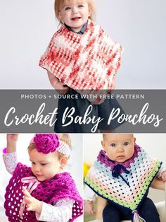 the crochet baby poncho pattern is shown in three different pictures