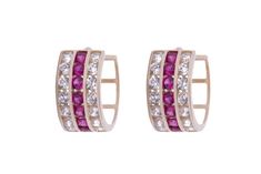 Jewelry Fun Fact: Pink sapphires gems symbolize good fortune, intense love and compassion, and subtle elegance. These troika row huggies earrings feature a sandwich of premium zirconia stones, with a center of artificial pink sapphire gemstones, all in channel setting, made with the most elegant 14kt yellow gold. A fine jewelry collection intended to be worn every day, ladies let's go out there and conquer the world, with our style and grace. Authenticity Guaranteed One Year Warranty Ethically S Pink Cubic Zirconia Huggie Earrings, Elegant Pink 14k Gold Hoop Earrings, Pink Huggie Earrings For Anniversary, Elegant 14k Gold Pink Hoop Earrings, Pink Formal Hoop Earrings In Fine Jewelry Style, Pink Hoop Earrings For Formal Occasions, Queen Cleopatra, Intense Love, Conquer The World