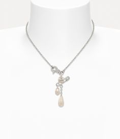 Claude Small Necklace in PLATINUM-CREAMROSE-Pearl | Vivienne Westwood® Vivienne Westwood Pearl Necklace, Small Necklace, Punk Inspiration, Delicate Chain, Pearl Drop, Safety Pin, Lace Boots, Vivienne Westwood, Lace Up Shoes