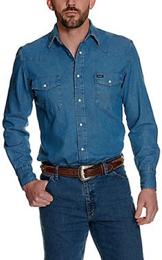 Wrangler Denim Long Sleeve Workshirt 70127SWA | Cavender's Medium Wash Fitted Western Tops, Fitted Denim Tops For Ranch, Medium Wash Cotton Western Shirt, Classic Medium Wash Shirt For Rodeo, Fitted Cotton Shirt For Rodeo, Western Style Medium Wash Relaxed Fit Shirt, Dark Wash Relaxed Fit Western Tops, Dark Wash Western Relaxed Fit Tops, Western Style Medium Wash Shirt For Rodeo