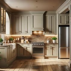 a large kitchen with wooden floors and white cupboards, stainless steel refrigerator and dishwasher