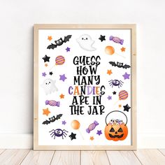 a halloween poster with the words guess how many candles are in the jar on it