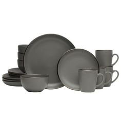 grey dinnerware set with cups and saucers on a white background, front view