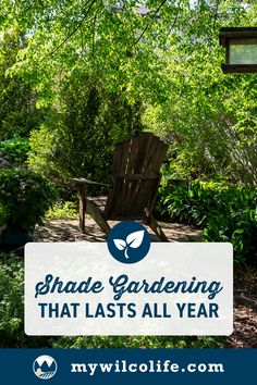 a wooden chair sitting in the middle of a lush green forest with text that reads shade gardening that lasts all year