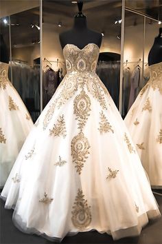 Classic Sweetheart Gold Lace Wedding Dresses Sparkly Ball Gown Bridal Dress White And Gold Wedding Dress, Gold Lace Wedding Dress, Sparkly Ball Gown, Sweetheart Bridal Gown, White And Gold Wedding, Lace Applique Wedding Dress, Embroidery Wedding, Gold Wedding Dress, Wedding Dresses 2018